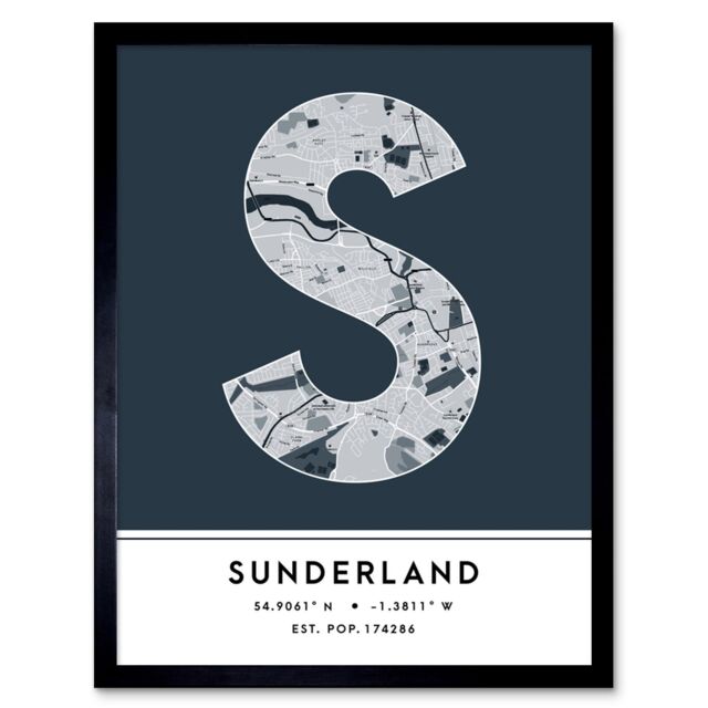 "Wee Blue Coo Wall Art Print Sunderland England United Kingdom City Map Modern Typography Stylish Letter Framed Word in Navy - Size: W12"" x H16""" - image 1