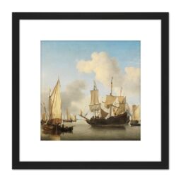Artery8 Van De Velde Ships At Anchor On Coast 8X8 Inch Square Wooden Framed Wall Art Print Picture with Mount in Black - thumbnail 1