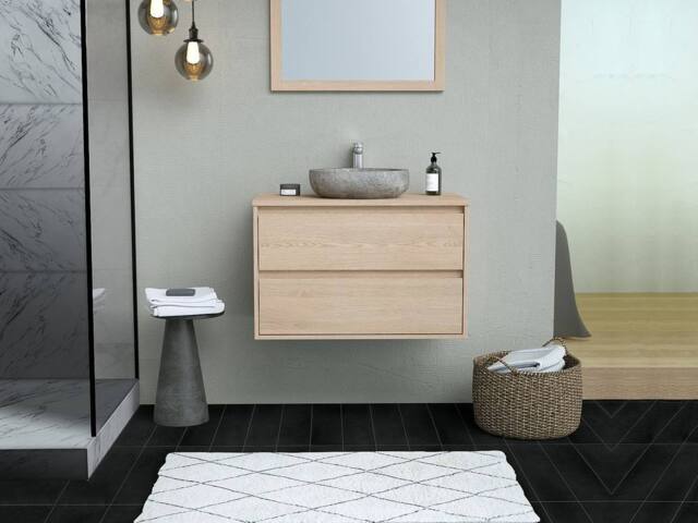 Vente-unique Bathroom Unit With Stone Countertop Basin & Mirror - Oak Veneer - 80 in Light Oak - image 1