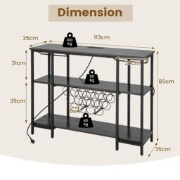 Costway 3-tier Wine Bar Cabinet Industrial Wine Rack with Storage Shelves Glass Holder in Grey - thumbnail 2