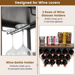 Costway 3-tier Wine Bar Cabinet Industrial Wine Rack with Storage Shelves Glass Holder in Grey - thumbnail 4