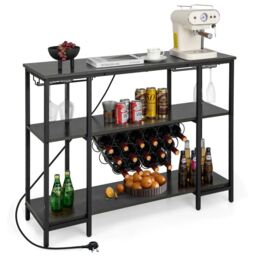 Costway 3-tier Wine Bar Cabinet Industrial Wine Rack with Storage Shelves Glass Holder in Grey