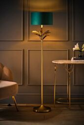 ValueLights Christina Velvet with Gold Metallic Inner Drum Shade Gold Palm Leaf Floor Lamp in Bottle Green - thumbnail 2