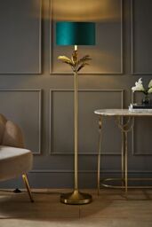 ValueLights Christina Velvet with Gold Metallic Inner Drum Shade Gold Palm Leaf Floor Lamp in Bottle Green