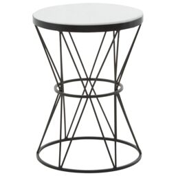 Orsina Round White Marble Top Side Table, Minimalist Black Metal Base, Contemporary Monochrome Side Table