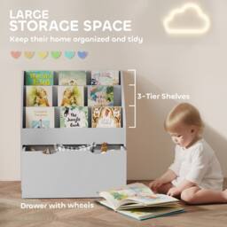 AIYAPLAY Kids Bookcase w/ 3 Tier Shelves, Drawer, for Bedroom, Nursery in Grey - thumbnail 4