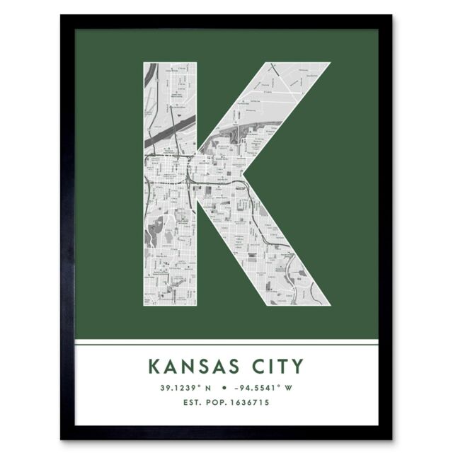 "Wee Blue Coo Wall Art Print Kansas City Missouri United States City Map Modern Typography Stylish Letter Framed Word in Green - Size: W12"" x H16""" - image 1