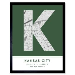 "Wee Blue Coo Wall Art Print Kansas City Missouri United States City Map Modern Typography Stylish Letter Framed Word in Green - Size: W12"" x H16""" - thumbnail 1