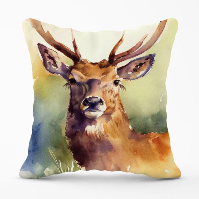 Warren Reed - Designer Splendid Stag Watercolour Outdoor Cushion in Brown - Size: 60 cm x 60 cm - image 1