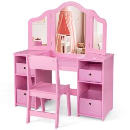 Costway 2-in-1 Dressing Table & Chair Set Vanity Table Desk w/ Removable Mirrors in Pink - thumbnail 5