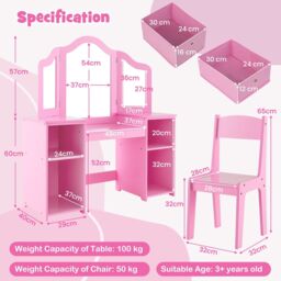 Costway 2-in-1 Dressing Table & Chair Set Vanity Table Desk w/ Removable Mirrors in Pink - thumbnail 2