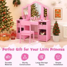 Costway 2-in-1 Dressing Table & Chair Set Vanity Table Desk w/ Removable Mirrors in Pink - thumbnail 6