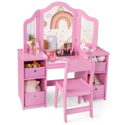 Costway 2-in-1 Dressing Table & Chair Set Vanity Table Desk w/ Removable Mirrors in Pink