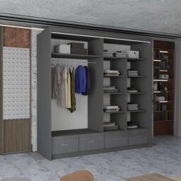 MN Furniture High Gloss Sliding Mirrored Wardrobe with LED Light - 203x220cm in Grey - Size: 203x220 cm - thumbnail 3
