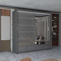 MN Furniture High Gloss Sliding Mirrored Wardrobe with LED Light - 203x220cm in Grey - Size: 203x220 cm