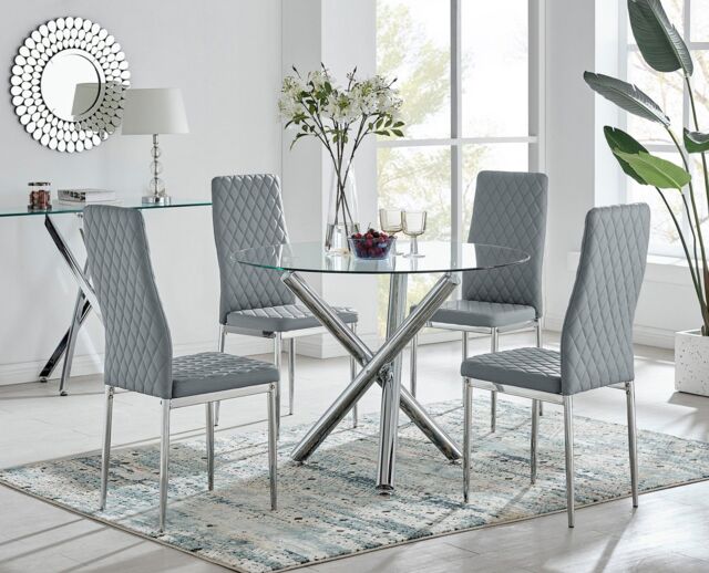FurnitureboxUK Selina Chrome Round Glass Dining Table & 4 Milan Dining Chairs in Grey - Size: 4 Person - image 1