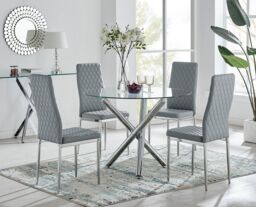FurnitureboxUK Selina Chrome Round Glass Dining Table & 4 Milan Dining Chairs in Grey - Size: 4 Person