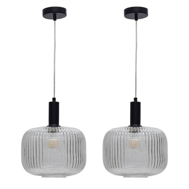 First Choice Lighting Set of 2 Batley Large - Clear Ribbed Glass Black Deco Pendant Fittings - image 1