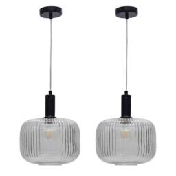 First Choice Lighting Set of 2 Batley Large - Clear Ribbed Glass Black Deco Pendant Fittings - thumbnail 1