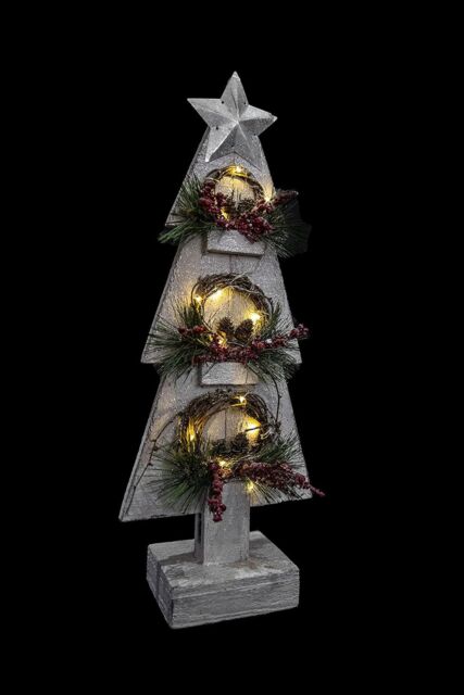 Shatchi Christmas Decoation Battery Operated Wooden House Grey Tabletop Decorated with Berries, Pines & Small Warm White Bulbs - image 1