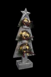 Shatchi Christmas Decoation Battery Operated Wooden House Grey Tabletop Decorated with Berries, Pines & Small Warm White Bulbs