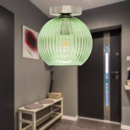 First Choice Lighting Betchley - Green Ribbed Glass Globe Satin Nickel Ceiling Light Fitting - thumbnail 3