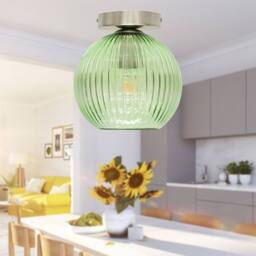 First Choice Lighting Betchley - Green Ribbed Glass Globe Satin Nickel Ceiling Light Fitting - thumbnail 4