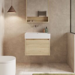 Banyetti Mino 600mm Wall Hung Vanity Unit with Veneto 0TH Basin-Natural Oak in Light Oak - thumbnail 2