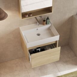 Banyetti Mino 600mm Wall Hung Vanity Unit with Veneto 0TH Basin-Natural Oak in Light Oak - thumbnail 4
