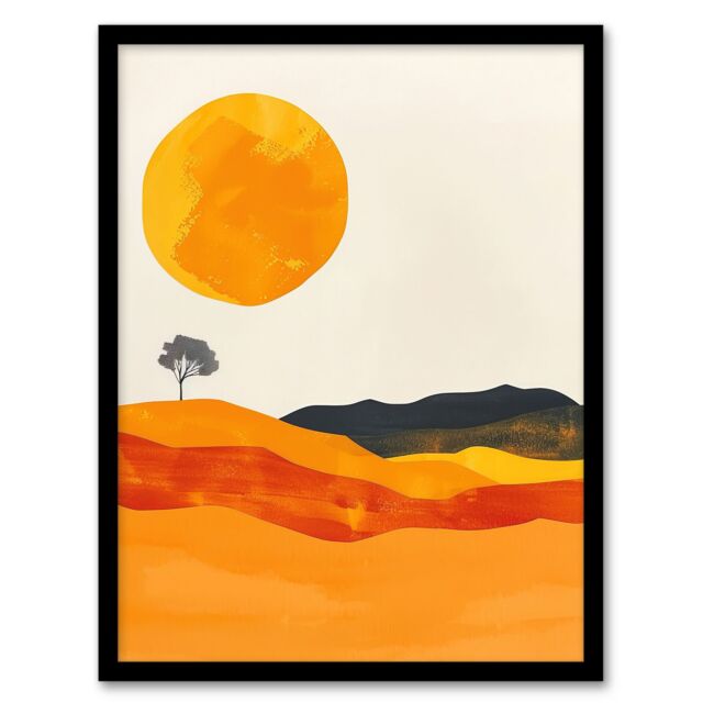 Artery8 Abstract Landscape Lone Tree Bright Boho Painting Framed Wall Art in Mustard - Size: A4 - image 1