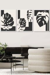 ARTZE Set of 3 White Framed Mid Century Monstera in Black & Ivory Wall Art in Charcoal - Size: W33 cm x H45 cm x D20mm