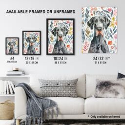 "Artery8 Elegant Great Dane Dog Lover Floral Pet Portrait Wall Art Print - Size: W24"" x H32""" - thumbnail 3