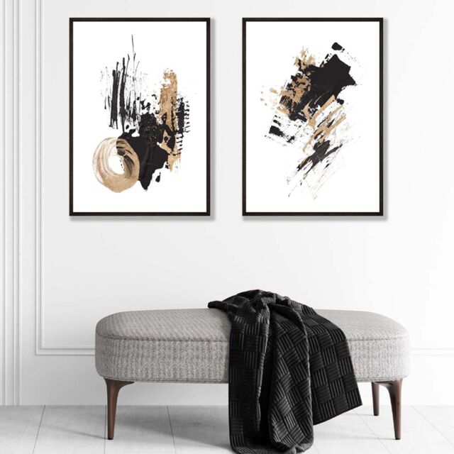 ARTZE Black & Gold Abstract Oil Strokes Set of 2 Art Prints in Black Frames - Size: A4 - image 1