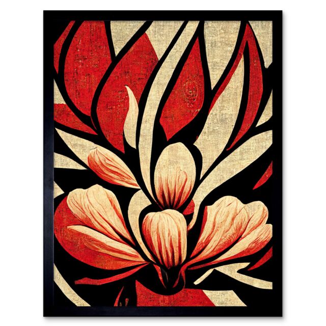 "Artery8 Wall Art Print Abstract Flowers Design Cream Red Black Vivid Bold Art Framed - Size: W12"" x H16""" - image 1