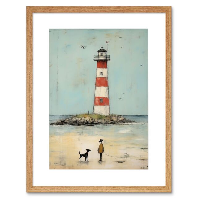 Artery8 Wall Art Print Lighthouse Pastel Colour Painting Bathroom Artwork Red Blue Ochre Boy & Pet Dog Beach Walk Artwork Framed 9X7 Inch - image 1