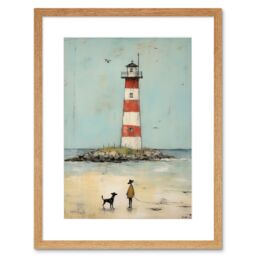 Artery8 Wall Art Print Lighthouse Pastel Colour Painting Bathroom Artwork Red Blue Ochre Boy & Pet Dog Beach Walk Artwork Framed 9X7 Inch - thumbnail 1