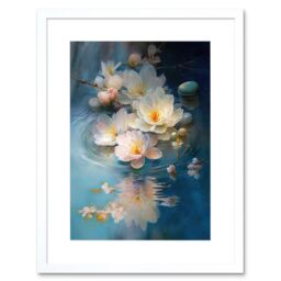 "Artery8 Wall Art Print Fallen Cherry Blossom Flower Water Ripples Modern Watercolour Painting Artwork Framed 9X7 Inch in White - Size: W7"" x H9""" - thumbnail 1