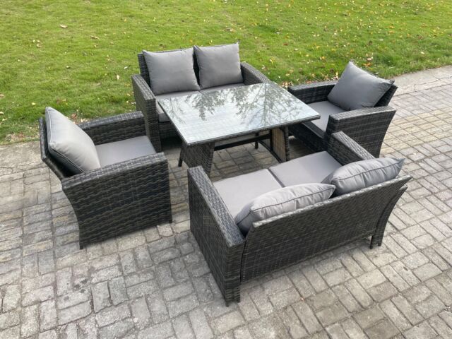 Fimous Rattan Garden Furniture Set 6 Seater Patio Outdoor Lounge Sofa Set with Rectangular Dining Table Love Seat Sofa in Dark Grey