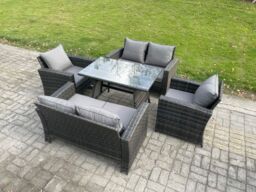 Fimous Rattan Garden Furniture Set 6 Seater Patio Outdoor Lounge Sofa Set with Rectangular Dining Table Love Seat Sofa in Dark Grey - thumbnail 2
