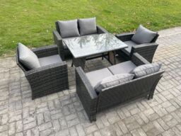 Fimous Rattan Garden Furniture Set 6 Seater Patio Outdoor Lounge Sofa Set with Rectangular Dining Table Love Seat Sofa in Dark Grey - thumbnail 1