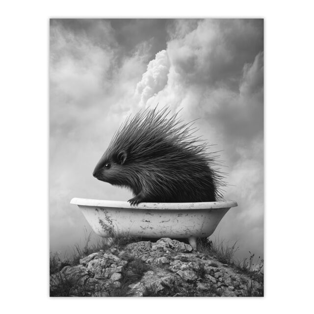 "Artery8 Cute Porcupine in Bathtub Black White Surreal Wall Art Print in Grey - Size: W18"" x H24""" - image 1