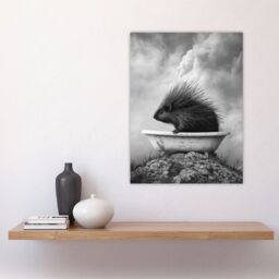 "Artery8 Cute Porcupine in Bathtub Black White Surreal Wall Art Print in Grey - Size: W18"" x H24""" - thumbnail 4