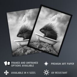 "Artery8 Cute Porcupine in Bathtub Black White Surreal Wall Art Print in Grey - Size: W18"" x H24""" - thumbnail 2