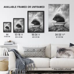 "Artery8 Cute Porcupine in Bathtub Black White Surreal Wall Art Print in Grey - Size: W18"" x H24""" - thumbnail 3