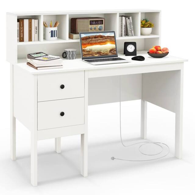 Gymax 120 CM Writing Desk With Power Outlets 5-Cubby Hutch & 2 Drawers in White - image 1