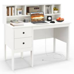 Gymax 120 CM Writing Desk With Power Outlets 5-Cubby Hutch & 2 Drawers in White - thumbnail 1