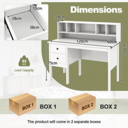Gymax 120 CM Writing Desk With Power Outlets 5-Cubby Hutch & 2 Drawers in White - thumbnail 3