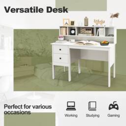 Gymax 120 CM Writing Desk With Power Outlets 5-Cubby Hutch & 2 Drawers in White - thumbnail 6