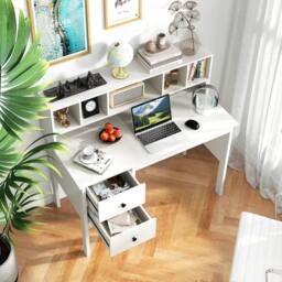 Gymax 120 CM Writing Desk With Power Outlets 5-Cubby Hutch & 2 Drawers in White - thumbnail 7