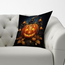 Warren Reed - Designer Spooy Pumpkin With Leaves & Small Candles Cushions in Orange - Size: 60 cm x 60 cm - thumbnail 3